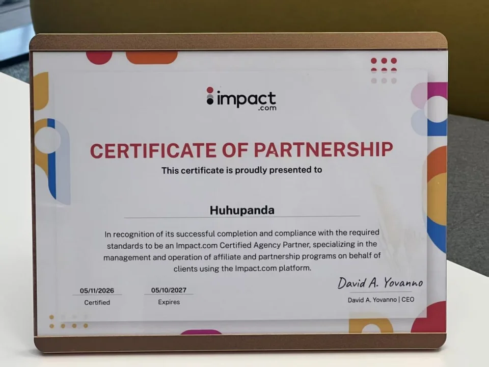impact.com 颁发给 HuhuPanda 的 Certified Agency Partner 认证证书